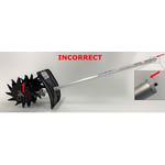 Recalled mini-cultivator (the gearbox is mounted incorrectly and upside down).  The axle is above the drive tube when the locating lug for coupling to the powerhead is facing up.