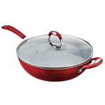 Recalled red Kitchen & Table 5.5 qt. Sauté Pan with glass lid.