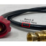 Recalled Pearl River propane hose with batch number location identified