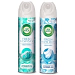 Recalled AirWick Fresh New Day air freshener in Fresh Waters (left, green and white label) and Fresh Linen (right, blue and white label) fragrances in 8oz aerosol cans