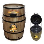 Recalled barrel-shaped charcoal grills with the Shock Top logo.