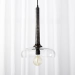 Recalled Colby lacquered wood and glass pendant light fixture