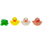 Recalled yellow, clear and pink ducks and green frog