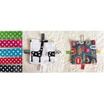 Samples of Sensory Grab Garbs Blanket with Colored Polka Dot Ribbon Tags