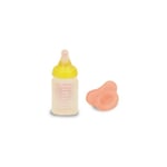 Recalled bottle in yellow and recalled pacifier in pink