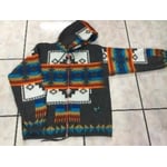 Recalled Native Creation Small Wool Sweater, dark gray base with multi-colored patterns