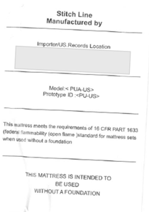“Prototype ID: ” is printed on a sewn-in white label on one side of the recalled Kesyup mattress.