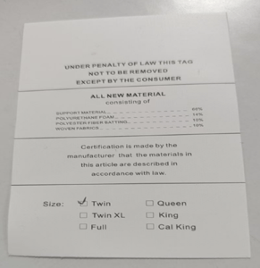 The size is printed on the sewn-in label of the recalled WinxMatrs mattress.