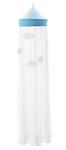 Blue pointed canopy top with white mesh fabric and white clouds