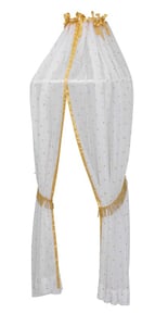 White canopy with golden ribbon at the top and crowns printed on sheer white fabric