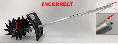 Recalled mini-cultivator (the gearbox is mounted incorrectly and upside down).  The axle is above the drive tube when the locating lug for coupling to the powerhead is facing up.
