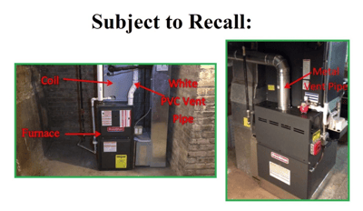 Furnace configurations for recalled evaporator coil drain pans showing an up-flow coil configuration