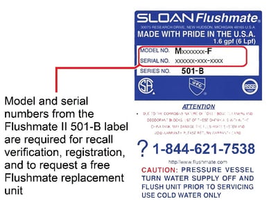 Label with model and serial numbers for recalled systems