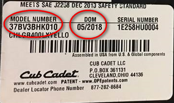Model number and date of manufacture location.