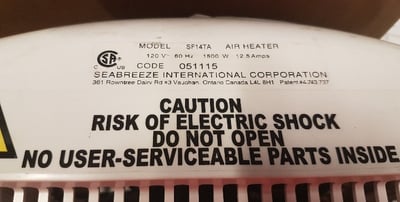 Label for the recalled SF14TA Smart Thermaflo Bathroom Heater Fan with nightlight.