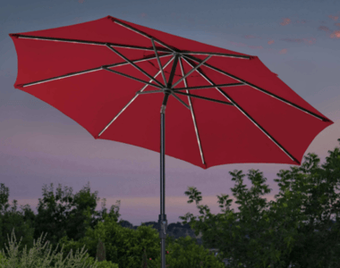 The recalled 10-foot Solar LED Market Umbrella with LED lights on the arms of the umbrella