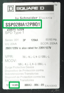 Example of a label on recalled Schneider Electric Surgeloc Surge Protection Device with the Location of the catalog number and date code