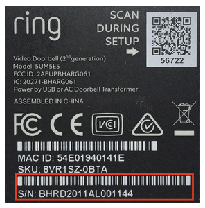 The model and serial number are printed on a label on the back of the doorbell.