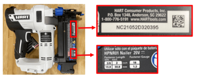 Hart 18-Gauge 2" Brad Nailer with location of Model Number