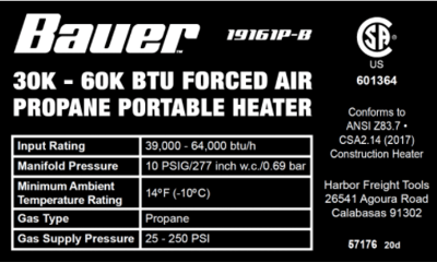 Ratings label located at rear of unit with Heater item number 57176