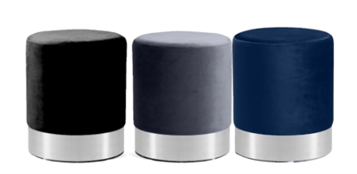 Recalled ottoman in black, gray, and navy with a silver band