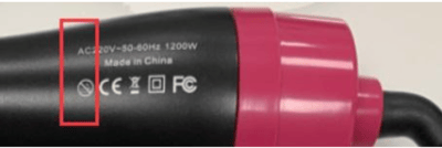 Rear view showing "not waterproof" symbol to the left of the CE