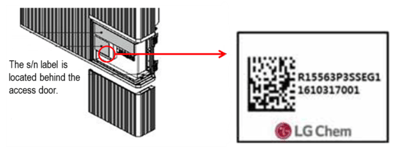 The serial number label is located behind the access door of the recalled RESU 10H home battery