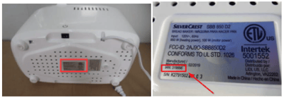 Label on bottom of the recalled Silvercrest Bread Maker