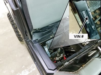 VIN number location is on frame under the passenger seat and lift out storage box