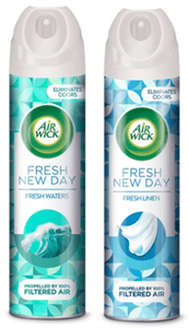 Recalled AirWick Fresh New Day air freshener in Fresh Waters (left, green and white label) and Fresh Linen (right, blue and white label) fragrances in 8oz aerosol cans