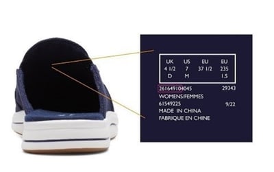 Recalled Clarks women's shoes - Location of shoe label including article number