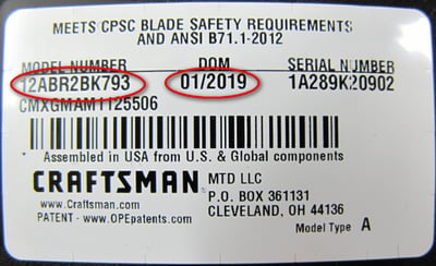 Model number and date of manufacture location