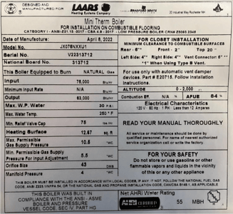 Boiler rating plate, showing model and serial number
