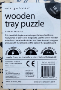 Label on back of recalled Safari Tray Puzzle
