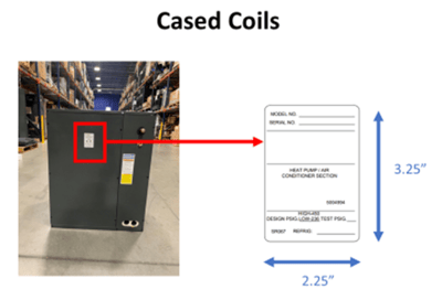 Location of label showing serial number on cased evaporator coils