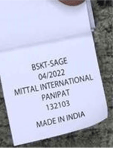 The Style Number (in this case 'BSKT-SAGE") and "MITTAL INTERNATIONAL" are printed on the bottom sewn-in label