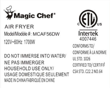 Rating Label on bottom of recalled Magic Chef Air Fryer MCAF56DW (white)
