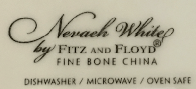 Label on the underside of the Fitz and Floyd Nevaeh White Can Mug
