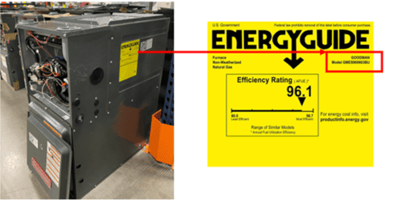 Location of Energy Guide label showing furnace brand and model number