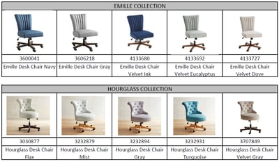 Recalled Pier 1 Hourglass collection desk chairs with model number and color