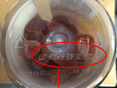 Location of lot code and expiration date for recalled Airborne 63-count and 75-count gummies