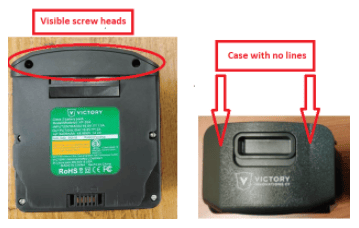 Battery packs on recalled units have visible screw heads and a case with no parting lines.