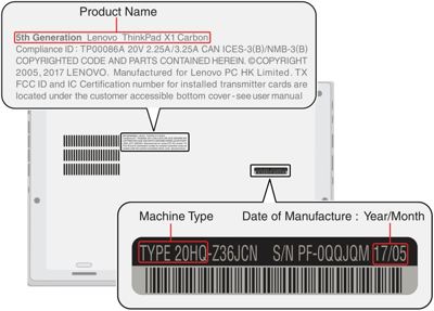 Picture identifying the laptop machine type, serial number, and date of manufacture. (Silver model)