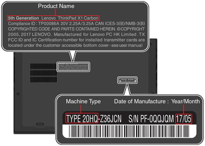 Picture identifying the laptop machine type, serial number, and date of manufacture.  (Black model)