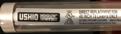 Recalled Indiglow LED T8 Lamp Showing Company Logo and Brand