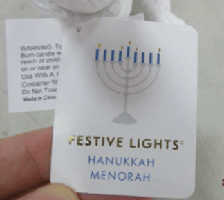 White hangtag on recalled menorahs