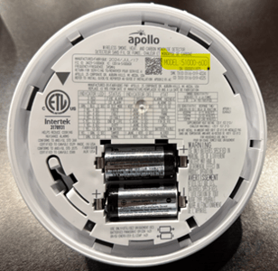 Back of recalled Apollo America Smoke and Carbon Monoxide Detector