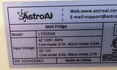 Recalled AstroAI 4-Liter/6-Can Minifridge label