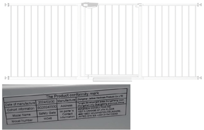 Recalled Walk-Through Gate; Sold on Amazon.com as "72.04-76.77" Baby Gate"