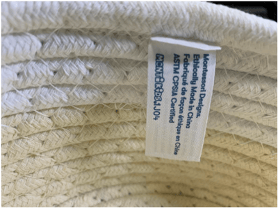 Label sewn inside of the Recalled Basket with Balls